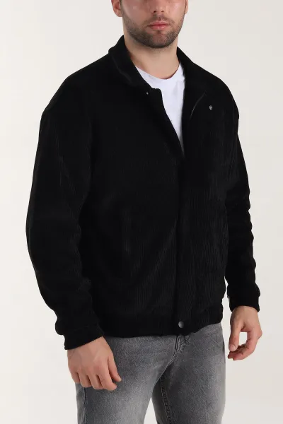 Siyah Relaxed Fit Fitilli Dokulu İçi Astarlı Erkek Mont 409641