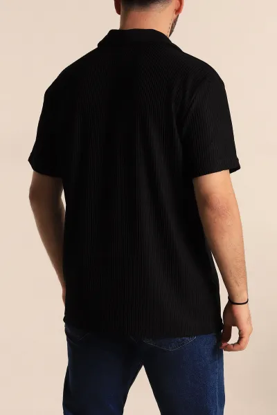 Siyah Relaxed Fit Fitilli Dokulu Jakarlı Fermuarlı Polo Yaka Erkek Tişört 270752