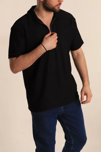 Siyah Relaxed Fit Fitilli Dokulu Jakarlı Fermuarlı Polo Yaka Erkek Tişört 270752
