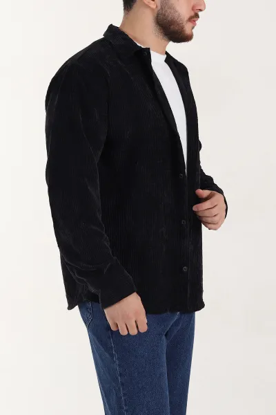 Siyah Relaxed Fit Fitilli Kadife Erkek Gömlek 399747
