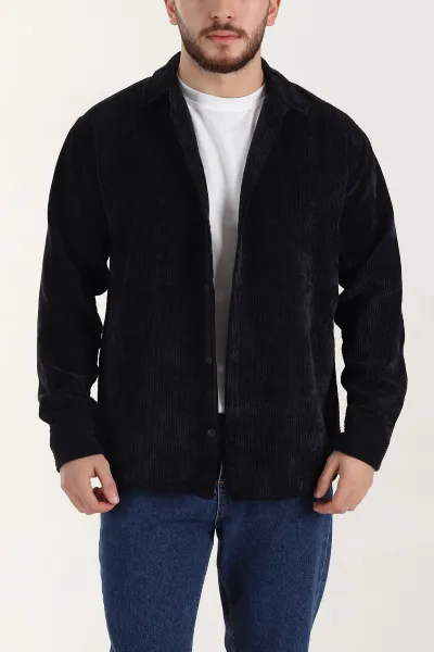 siyah-relaxed-fit-fitilli-kadife-erkek-gomlek-399747