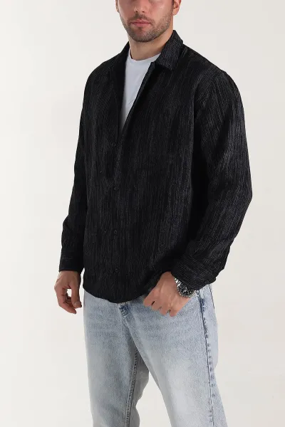 Siyah Relaxed Fit Fitilli Kadife Erkek Gömlek 399963