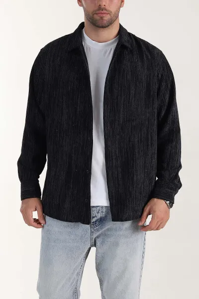 Siyah Relaxed Fit Fitilli Kadife Erkek Gömlek 399963