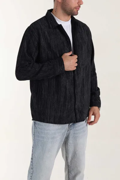 Siyah Relaxed Fit Fitilli Kadife Erkek Gömlek 399963