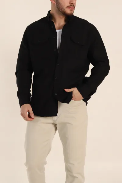 Siyah Relaxed Fit Gabardin Çift Cep Detaylı Ata Yaka Erkek Gömlek 339101