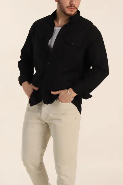 Siyah Relaxed Fit Gabardin Çift Cep Detaylı Ata Yaka Erkek Gömlek 339101
