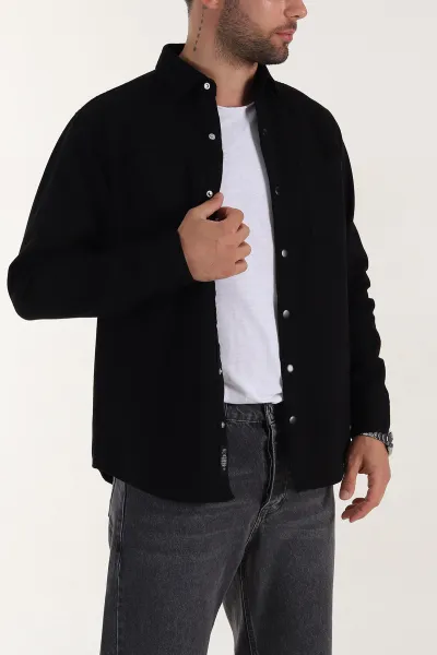 Siyah Relaxed Fit Gabardin Çift Cepli Yıkamalı  Erkek Gömlek 397967