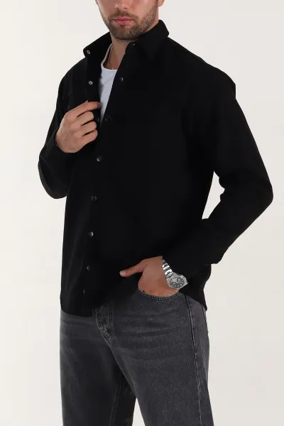 Siyah Relaxed Fit Gabardin Çift Cepli Yıkamalı  Erkek Gömlek 397967