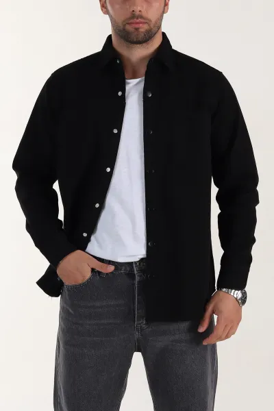 Siyah Relaxed Fit Gabardin Çift Cepli Yıkamalı  Erkek Gömlek 397967