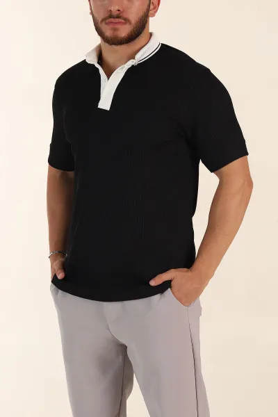 Siyah Relaxed Fit Gizi Düğmeli Polo Yaka Erkek Tişört 370271