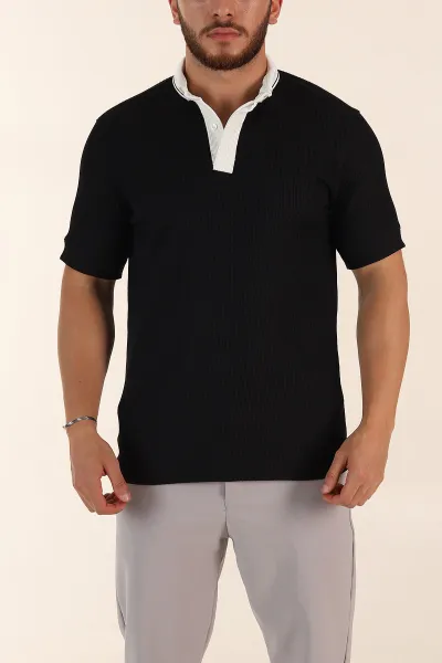 Siyah Relaxed Fit Gizi Düğmeli Polo Yaka Erkek Tişört 370271