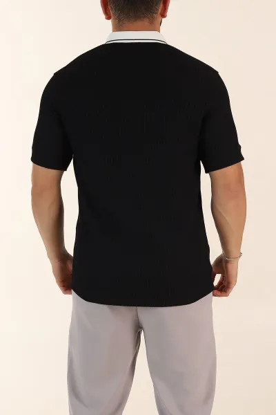 Siyah Relaxed Fit Gizi Düğmeli Polo Yaka Erkek Tişört 370271