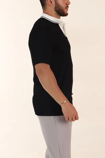 Siyah Relaxed Fit Gizi Düğmeli Polo Yaka Erkek Tişört 370271