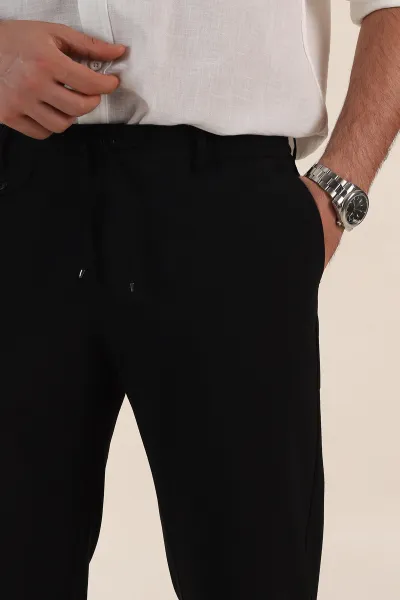 Siyah Relaxed Fit Gofre Kumaş Bel Arkası Lastikli Erkek Pantolon 362582