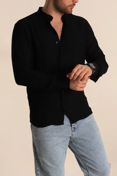 Siyah Relaxed Fit Hakim Yaka Erkek Gömlek 267040
