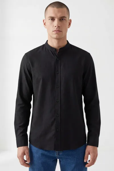 Siyah Relaxed Fit Hakim Yaka Uzun Kollu Erkek Gömlek 445642