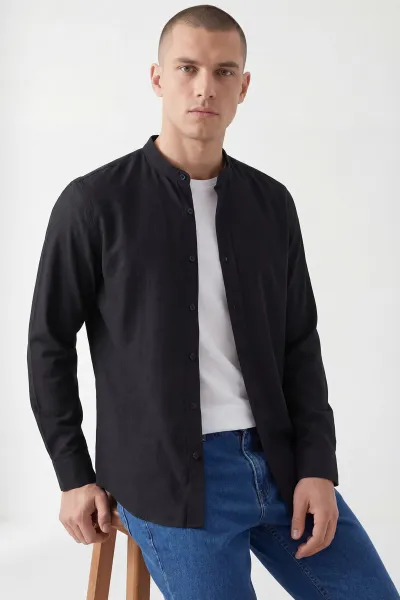 Siyah Relaxed Fit Hakim Yaka Uzun Kollu Erkek Gömlek 445642