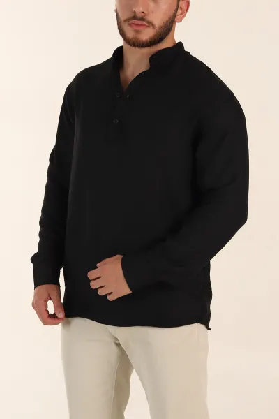 Siyah Relaxed Fit Hakim Yaka Yarım Düğmeli Erkek Gömlek 369848