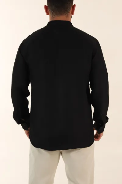 Siyah Relaxed Fit Hakim Yaka Yarım Düğmeli Erkek Gömlek 369848