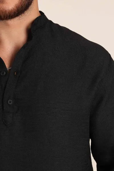 Siyah Relaxed Fit Hakim Yaka Yarım Düğmeli Erkek Gömlek 369848