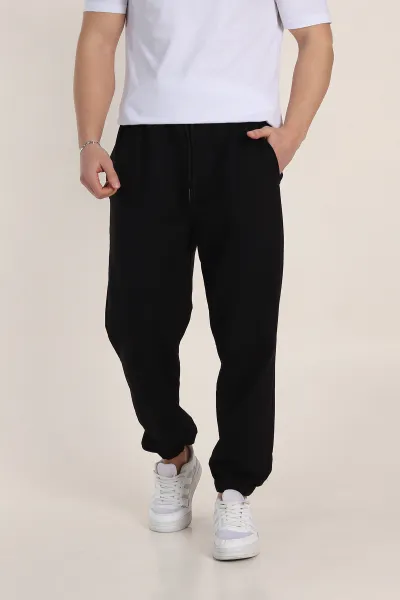 Siyah Relaxed Fit İki İp Paça Lastikli Eşofman Altı 350493