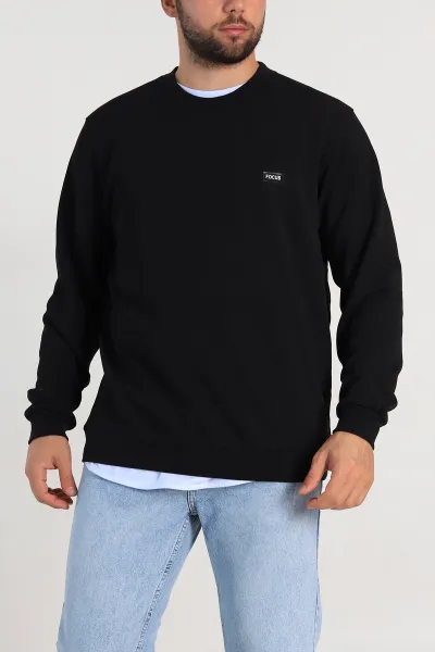 Siyah Relaxed Fit İki İp Şardonlu Yazı Detay Likralı Erkek Sweatshirt 311195