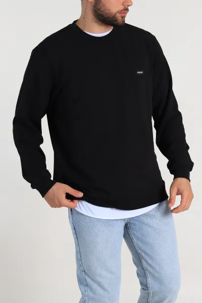 Siyah Relaxed Fit İki İp Şardonlu Yazı Detay Likralı Erkek Sweatshirt 311195