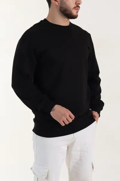 Siyah Relaxed Fit İki İp Şardonsuz Basic Erkek Sweatshirt 398123