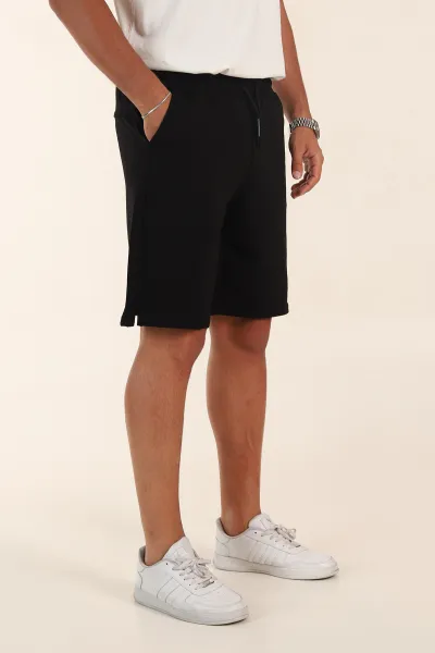 Siyah Relaxed Fit İki İp Şardonsuz Kabartma Baskılı Erkek Şort 382182