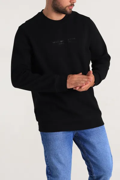 Siyah Relaxed Fit İki İp Yazı Detaylı Basic Erkek Sweatshirt 299861