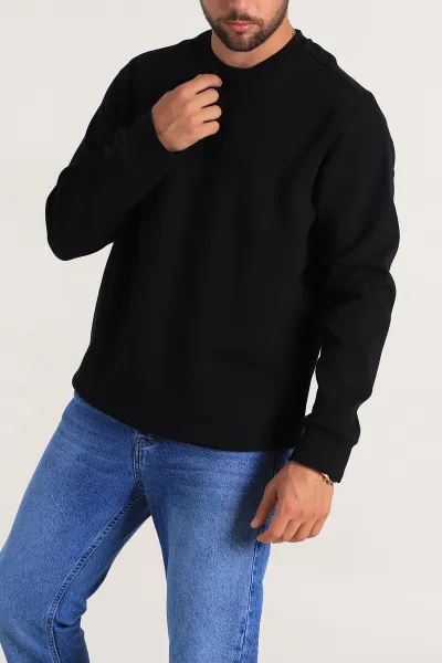 Siyah Relaxed Fit İki İp Yazı Detaylı Basic Erkek Sweatshirt 299861