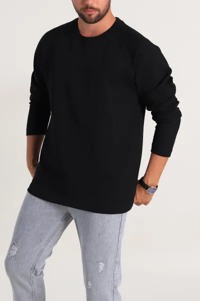 Siyah Relaxed Fit İki İp Yazı Detaylı Basic Erkek Sweatshirt 299891
