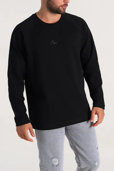 Siyah Relaxed Fit İki İp Yazı Detaylı Basic Erkek Sweatshirt 299891