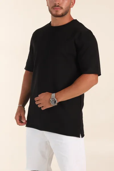 Siyah Relaxed Fit İki İp Yırtık Yaka Detaylı Basic Erkek Tişört 347586