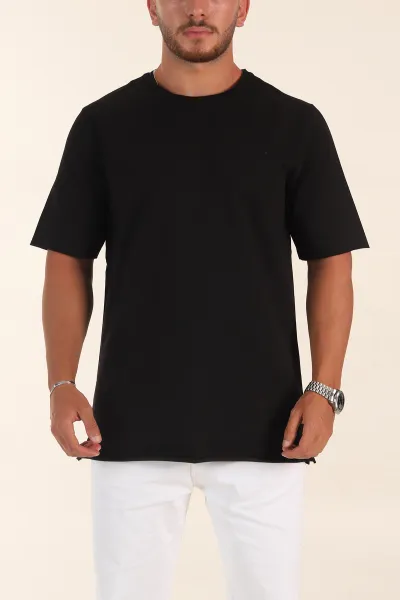 Siyah Relaxed Fit İki İp Yırtık Yaka Detaylı Basic Erkek Tişört 347586