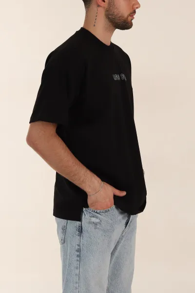 Siyah Relaxed Fit İnterlok Kumaş Yazı Detaylı Erkek Tişört 359312
