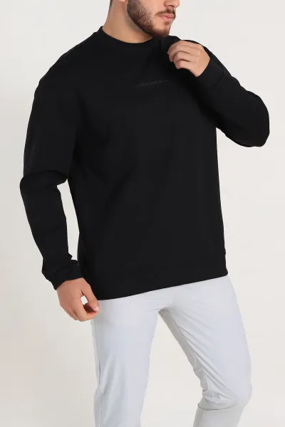 Siyah Relaxed Fit Jakarlı Kabartma Yazı Detay Erkek Basic Sweatshirt 305381