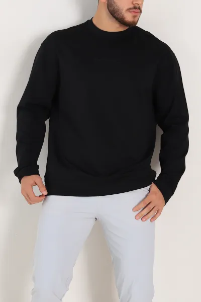 Siyah Relaxed Fit Jakarlı Kabartma Yazı Detay Erkek Basic Sweatshirt 305381