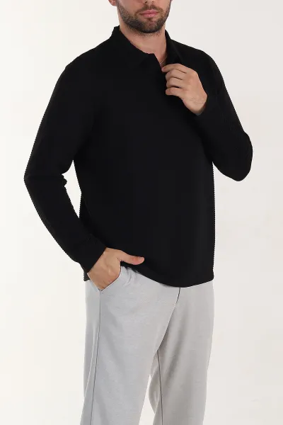 Siyah Relaxed Fit Jakarlı Kumaş Kalın Fitilli Polo Yaka Sweatshirt 399553