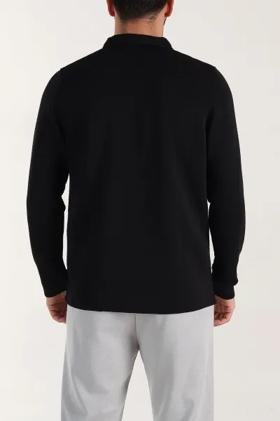 Siyah Relaxed Fit Jakarlı Kumaş Kalın Fitilli Polo Yaka Sweatshirt 399553