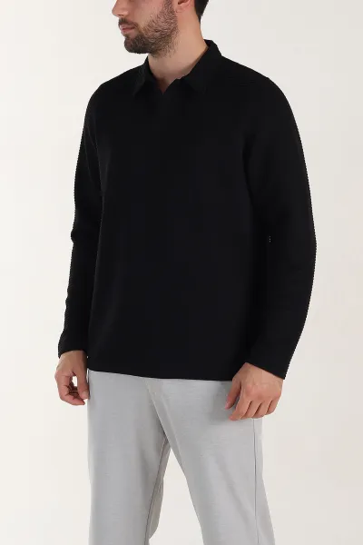 Siyah Relaxed Fit Jakarlı Kumaş Kalın Fitilli Polo Yaka Sweatshirt 399553