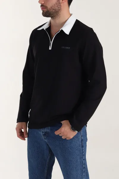 Siyah Relaxed Fit Jakarlı Kumaş Yazı Detay Polo Yaka Erkek Sweatshirt 399378