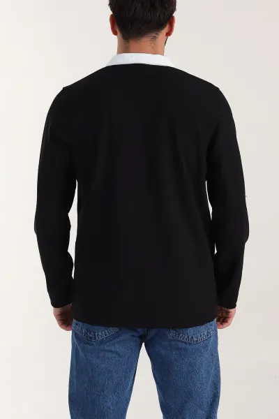 Siyah Relaxed Fit Jakarlı Kumaş Yazı Detay Polo Yaka Erkek Sweatshirt 399378
