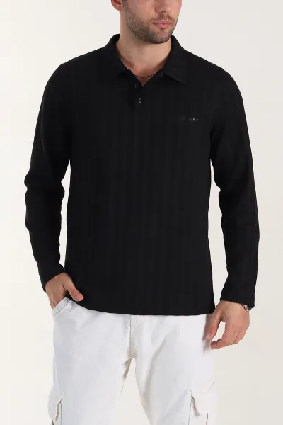 Siyah Relaxed Fit Jakarlı Kumaş Yazı Detay Polo Yaka Erkek Sweatshirt 399382