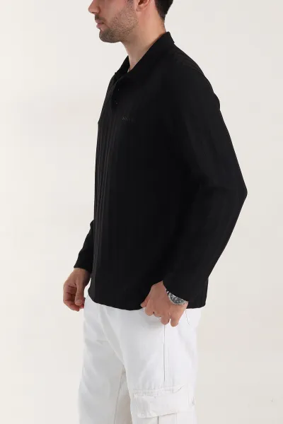 Siyah Relaxed Fit Jakarlı Kumaş Yazı Detay Polo Yaka Erkek Sweatshirt 399382