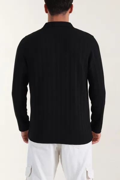 Siyah Relaxed Fit Jakarlı Kumaş Yazı Detay Polo Yaka Erkek Sweatshirt 399382