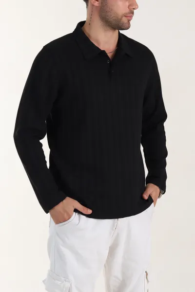 Siyah Relaxed Fit Jakarlı Kumaş Yazı Detay Polo Yaka Erkek Sweatshirt 399382