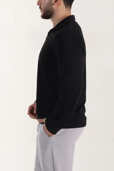 Siyah Relaxed Fit Jakarlı Kumaş Yazı Detaylı Polo Yaka Erkek Sweatshirt 399447