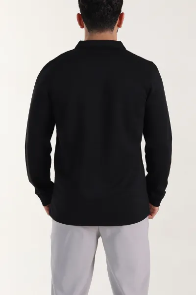 Siyah Relaxed Fit Jakarlı Kumaş Yazı Detaylı Polo Yaka Erkek Sweatshirt 399447