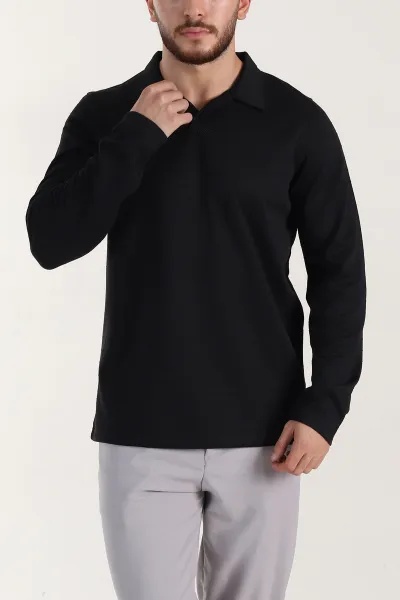 Siyah Relaxed Fit Jakarlı Kumaş Yazı Detaylı Polo Yaka Erkek Sweatshirt 399447